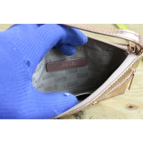 MICHAEL KORS Clutch Wristlet Rose Gold Monogram Logo Mirror Metallic Zip - Picture 8 of 14